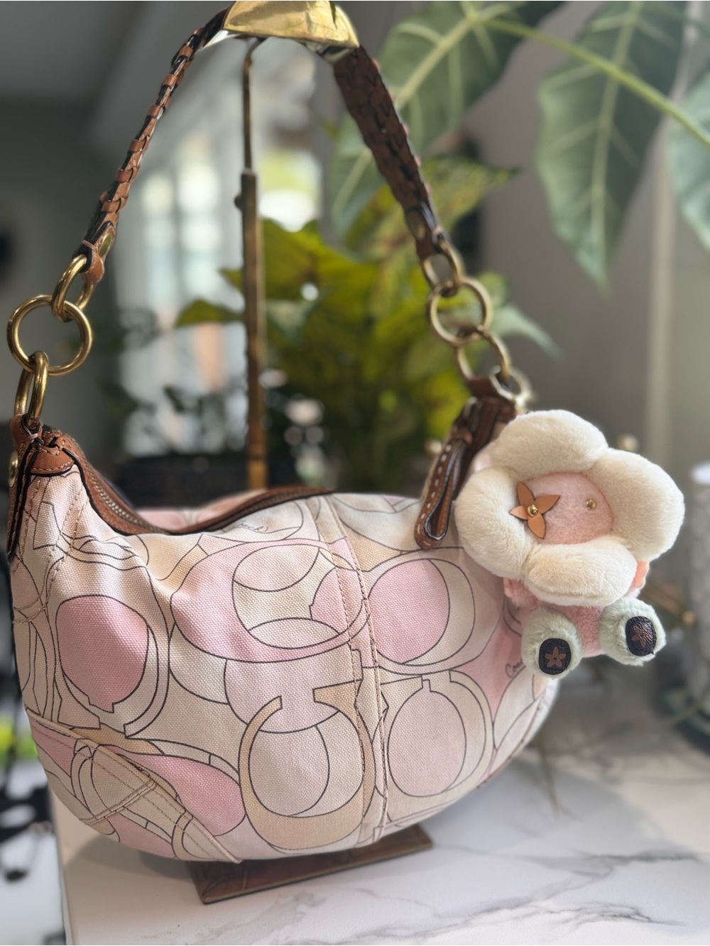 Coach Pink Signature Optic Canvas Hobo Bag + Charm
